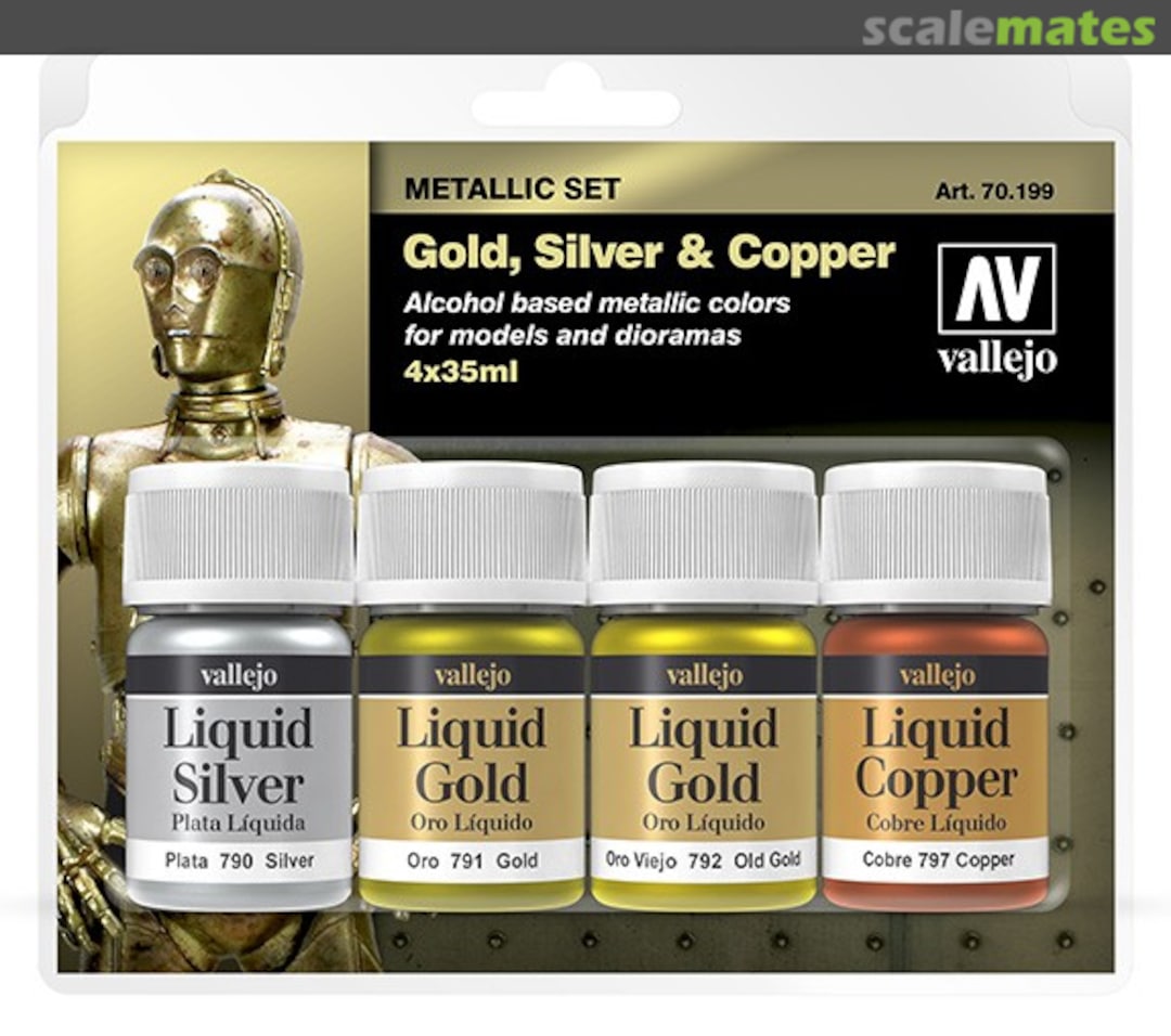 Boxart Gold, Silver & Copper 70.199 Vallejo Liquid Gold