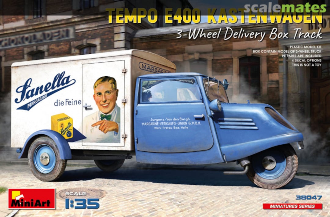 Boxart Tempo E400 Kastenwagen 3-Wheel Delivery Box Truck 38047 MiniArt
