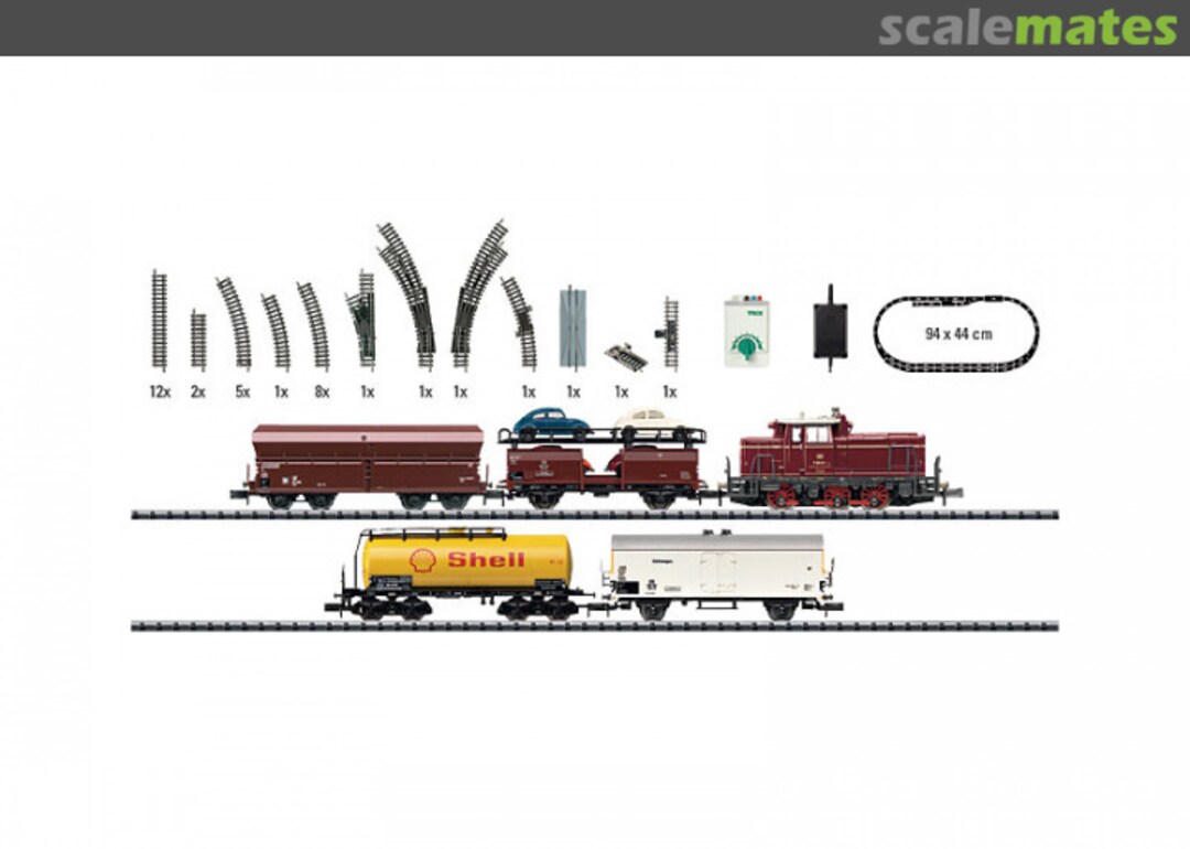Boxart Start-Set "Verschiebezug" mit Gleisanlage und Fahrgerät. BR V60 DB + 4 Güterwagen 11485 Trix