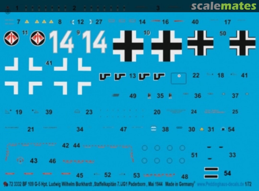 Boxart Bf 109 G-5 Hpt. Ludwig Wilhelm Burkhardt, Staffelkapitän 7./JG1 72 3332 Peddinghaus-Decals