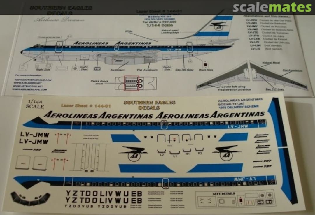 Boxart Boeing 737-287B Aerolineas Argentinas circa 1970 144-01 Southern Eagles Decals