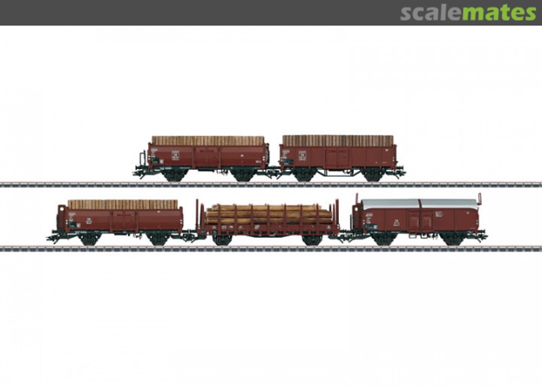 Boxart Güterwagen-Set "Holzverladung". Kmmks 51; Omm 52; Omm 55; Rr 20 24192 Trix