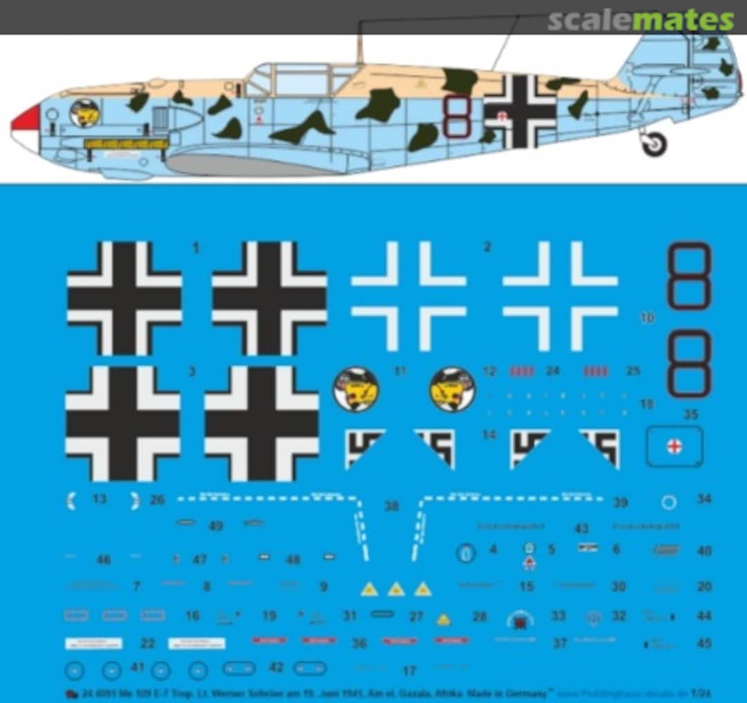 Boxart Bf 109 E-7 Trop Lt. Werner Schröer 19.07.1941, Ain el. Gazala, Afrika JG 27 24 4091 Peddinghaus-Decals Boxart Bf 109 E-7 Trop Lt. Werner Schröer 19.07.1941, Ain el. Gazala, Afrika JG 27 24 4091 Peddinghaus-Decals