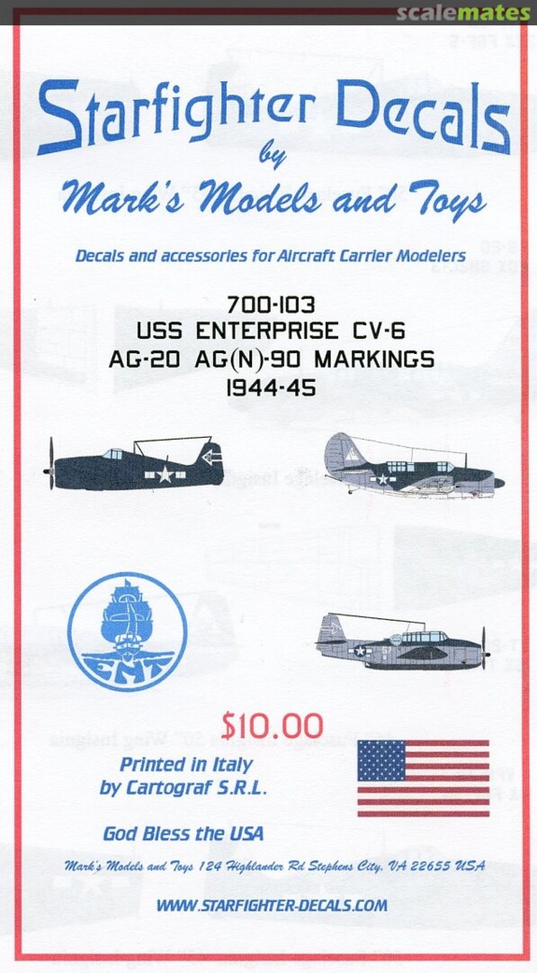 Boxart USS Enterprise CV-6 AG-20 AG(N)-90 Markings 1944-45 700-103 Starfighter Decals Boxart USS Enterprise CV-6 AG-20 AG(N)-90 Markings 1944-45 700-103 Starfighter Decals