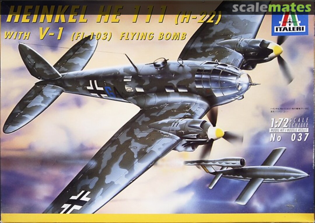 Boxart Heinkel He 111 (H-22) with V-1 (Fi 103) Flying Bomb 037 Italeri