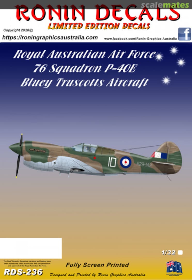 Boxart Royal Australian Air Force 76 Squadron P-40E Bluey Truscott's Aircraft RDS-236 Ronin Decals Boxart Royal Australian Air Force 76 Squadron P-40E Bluey Truscott's Aircraft RDS-236 Ronin Decals